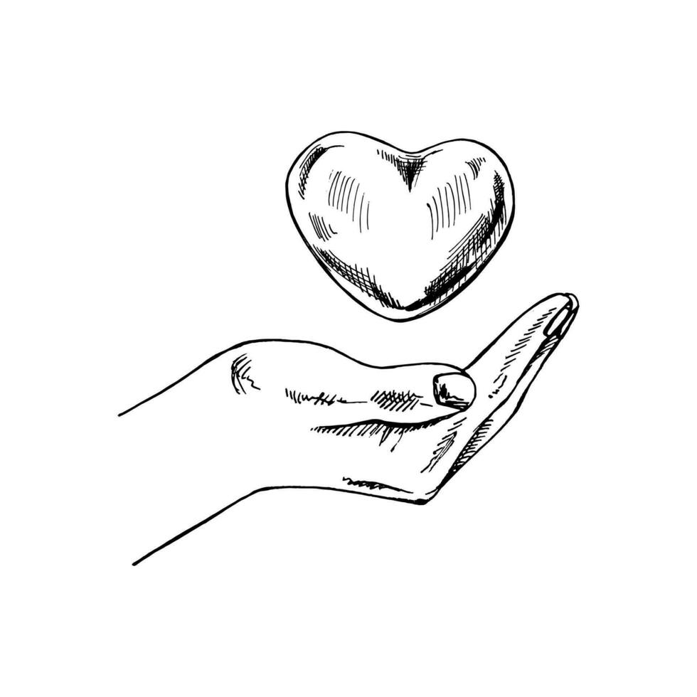 Hand-drawn black-and-white sketch of heart in empty open hand. Eco, ecology care, saving the nature. Doodle vector illustration. Vintage.
