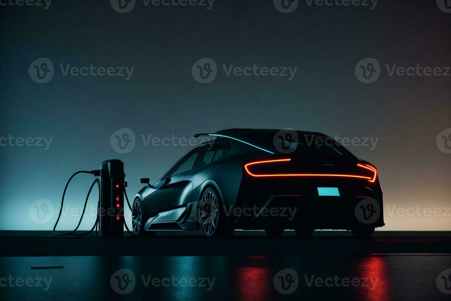 EV electric car plugged charging at standalone station, generated AI photo