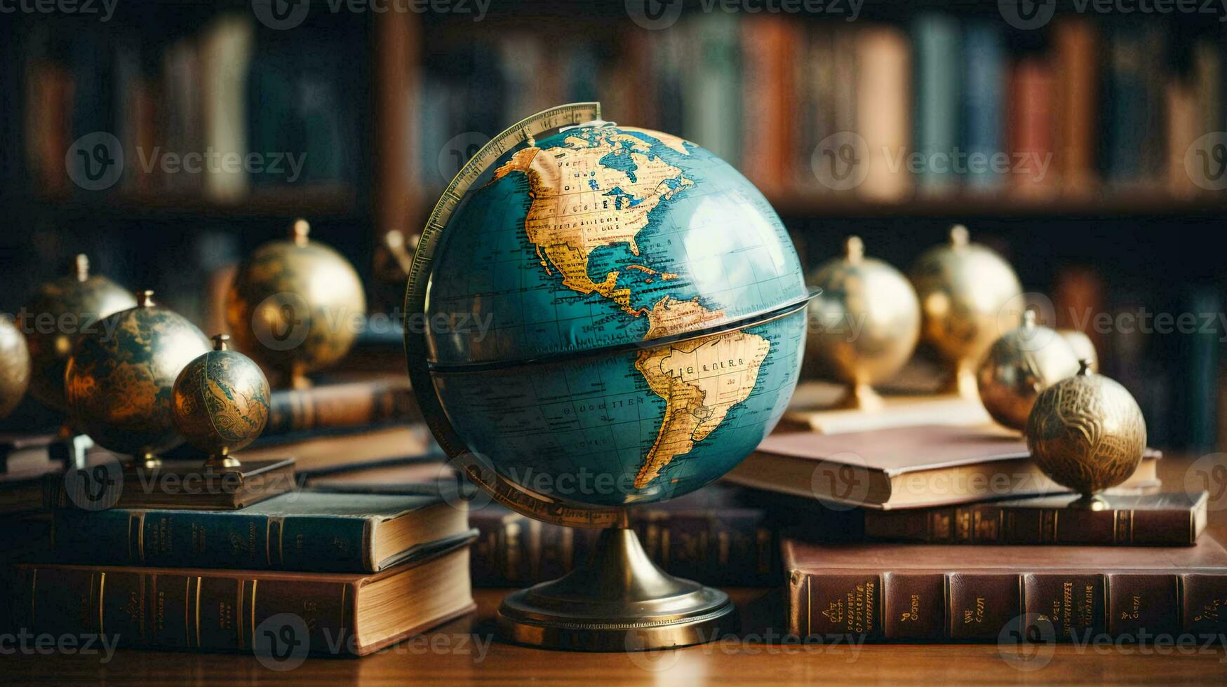 Globe and vintage smart books on the table in the office photo