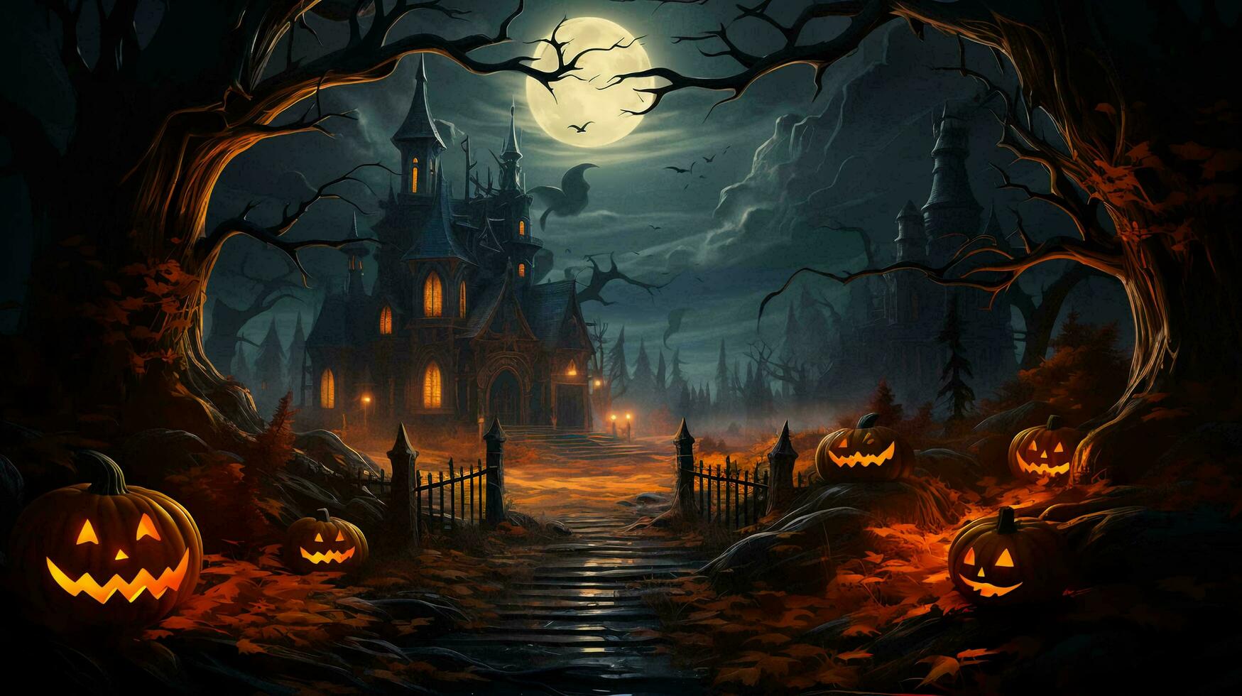 Castle and pumpkins with scary faces at night in the forest for the holiday of Halloween photo