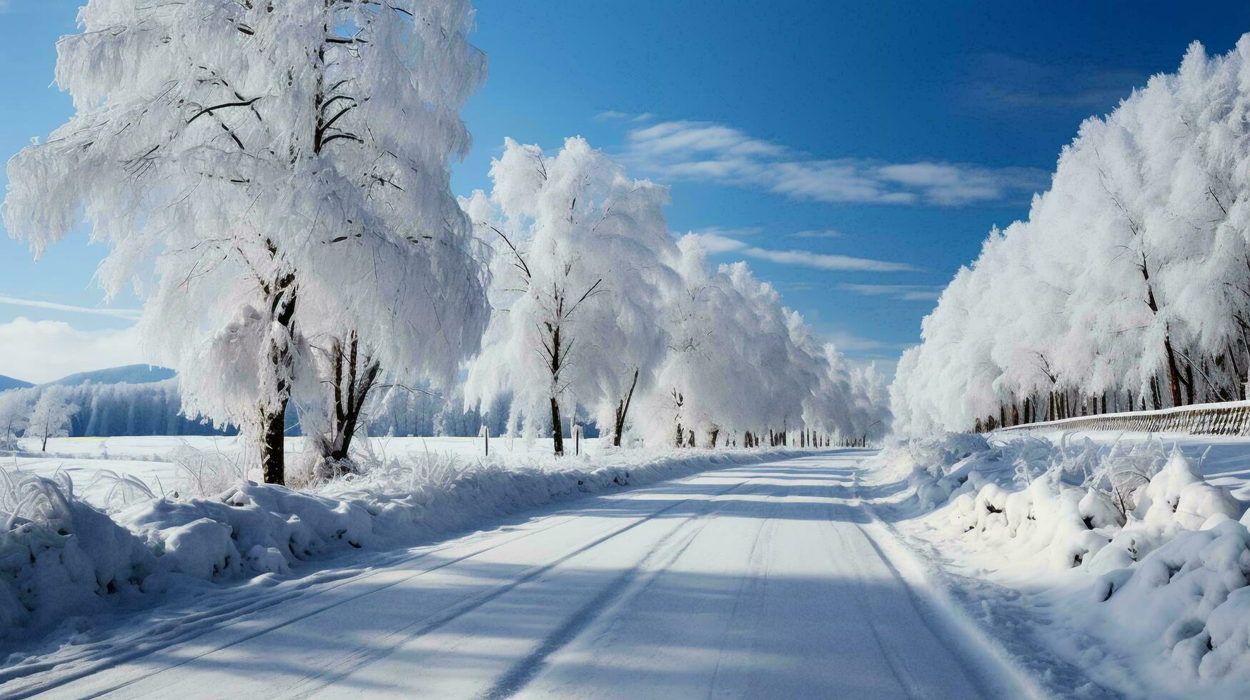 Snowy winter landscape with road trees and mountains photo