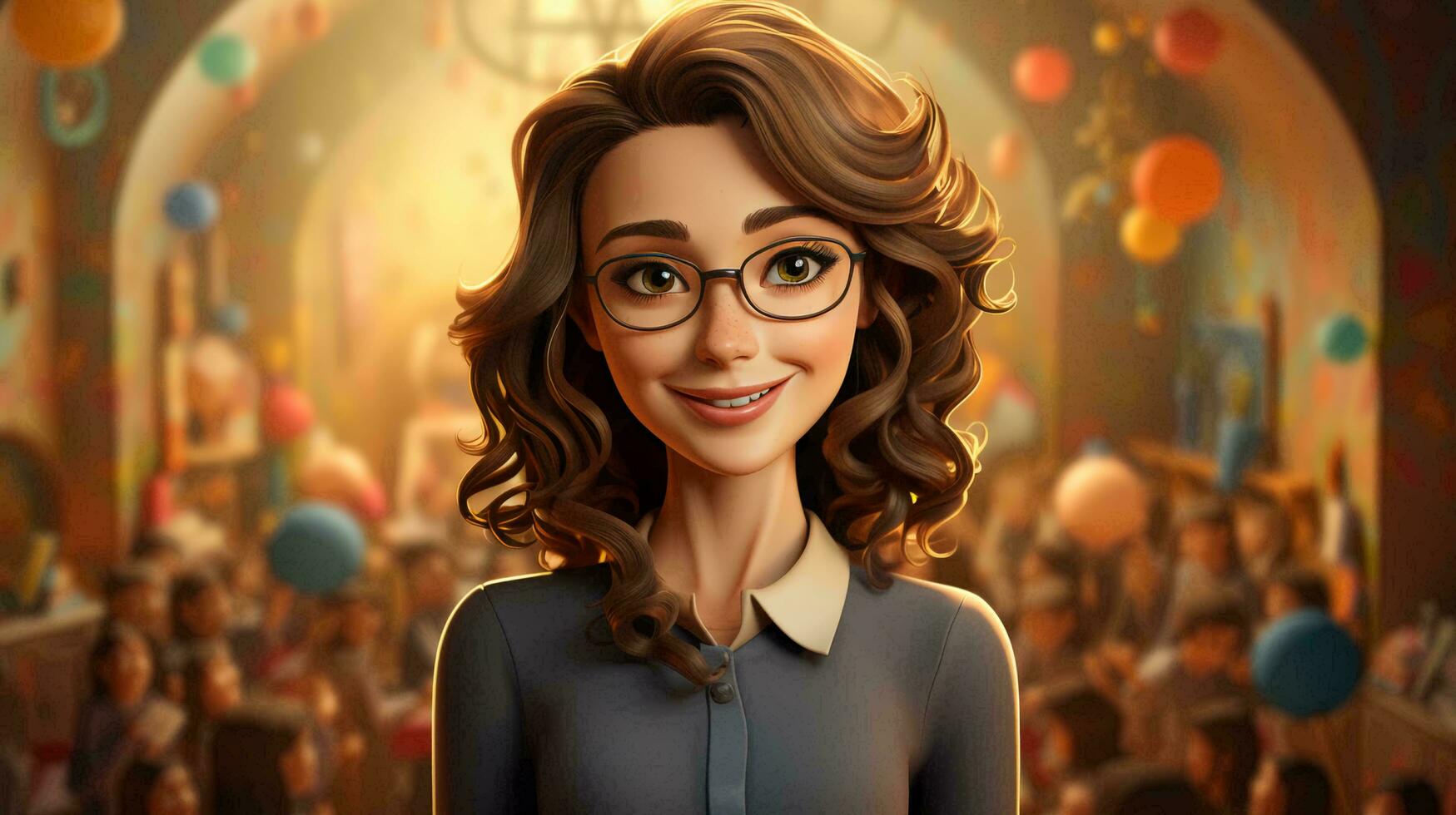 Beautiful young primary school teacher at school in the office in a cartoon bright style photo