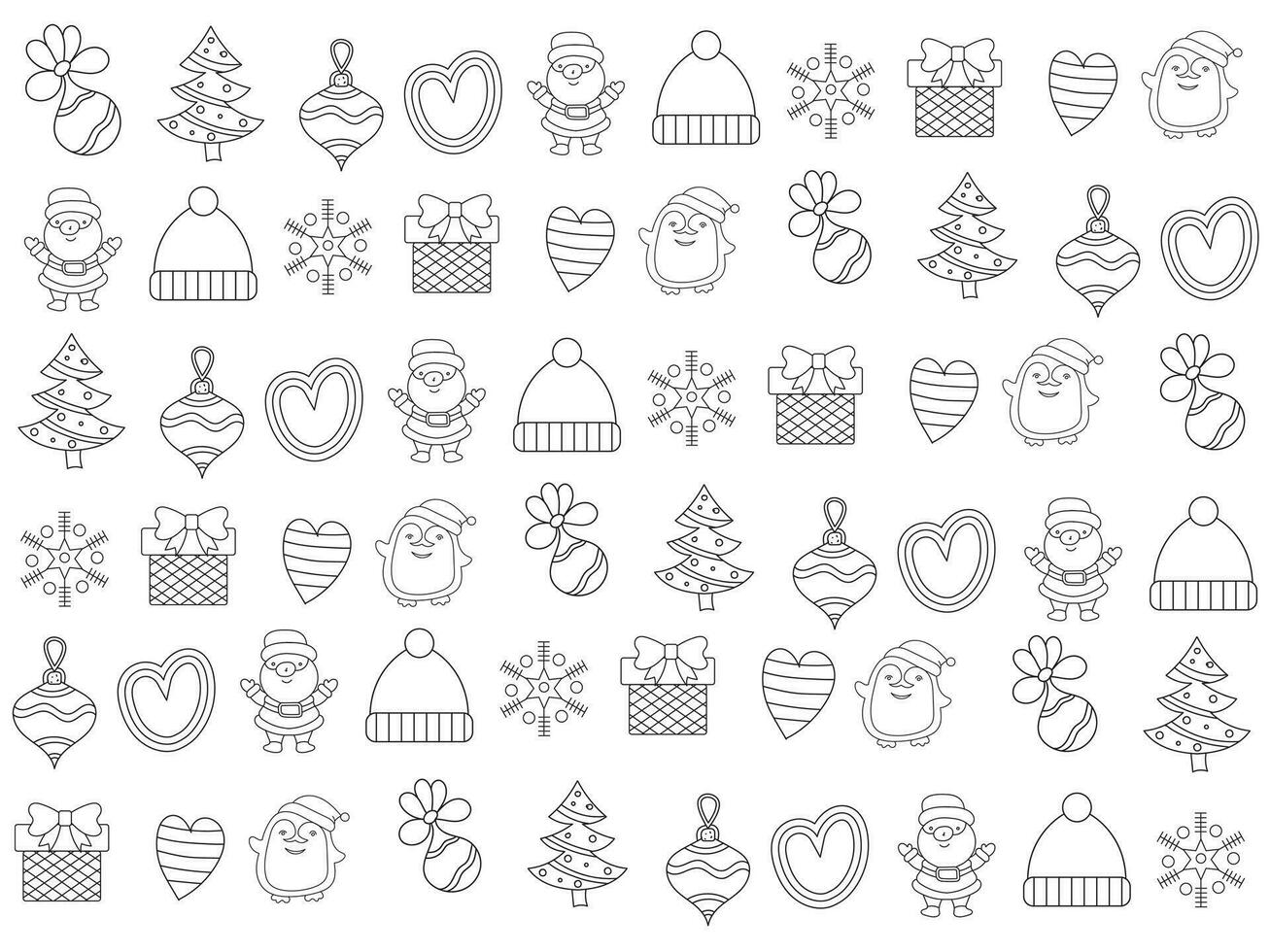 Christmas ornaments set with snowflakes, hats, star, Christmas tree, balls, orange, sock, gift, drink and garlands. vector