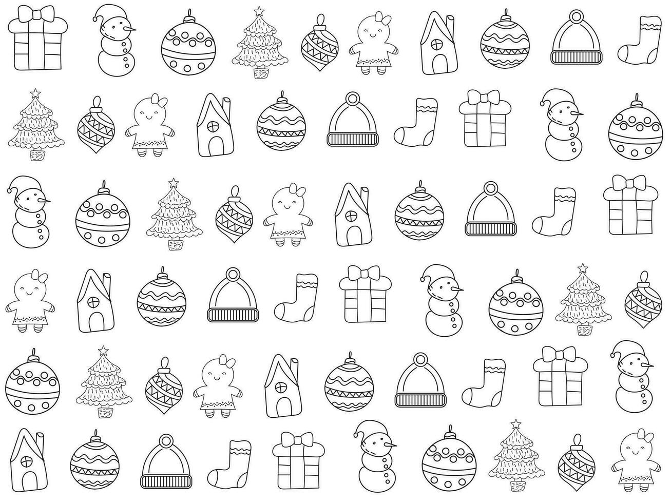 Christmas ornaments set with snowflakes, hats, star, Christmas tree, balls, orange, sock, gift, drink and garlands. vector