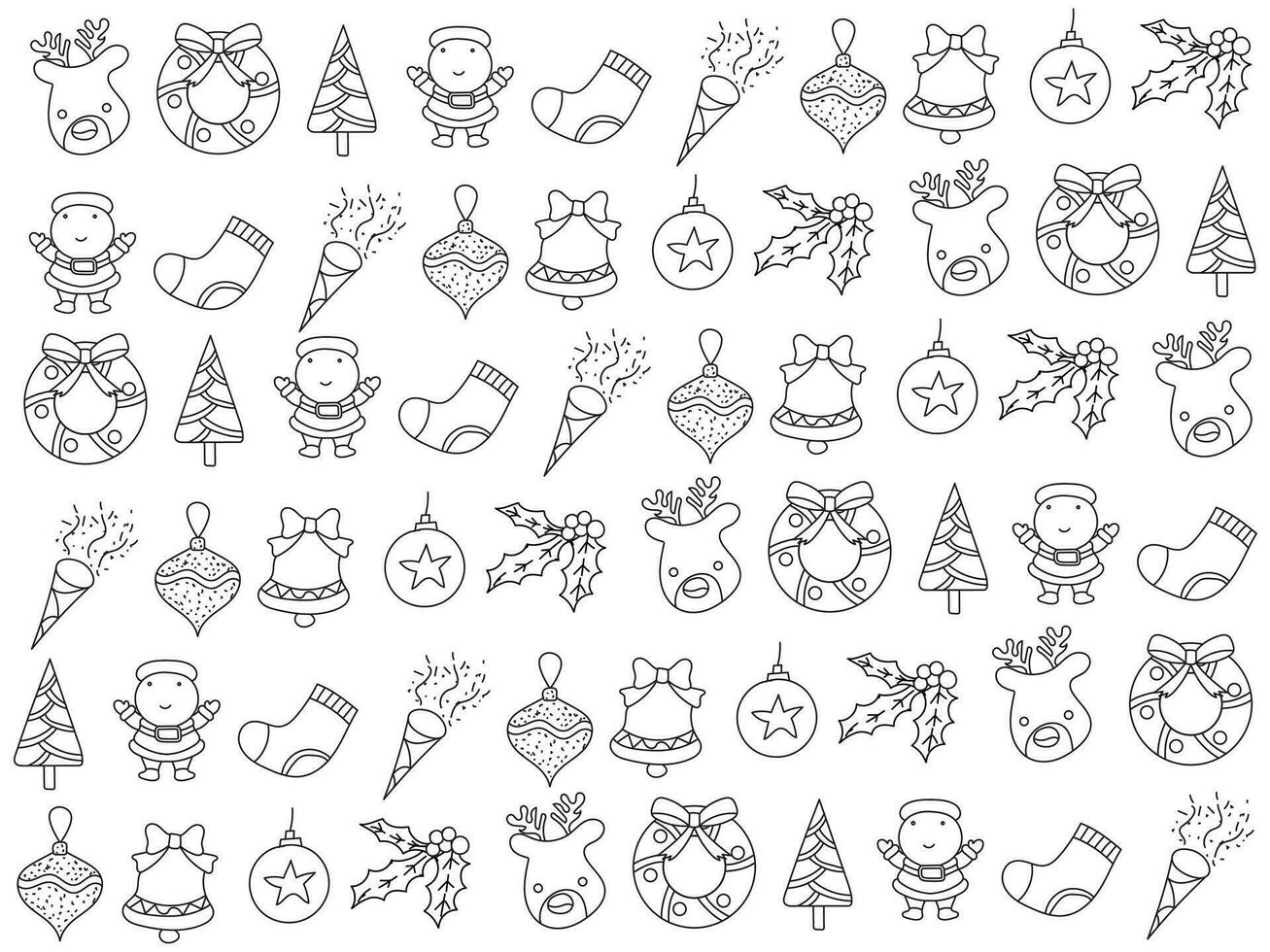 Christmas ornaments set with snowflakes, hats, star, Christmas tree, balls, orange, sock, gift, drink and garlands. vector