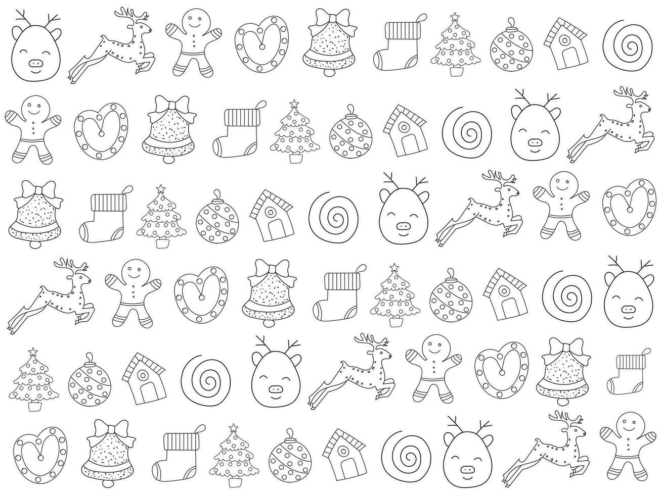 Christmas ornaments set with snowflakes, hats, star, Christmas tree, balls, orange, sock, gift, drink and garlands. vector