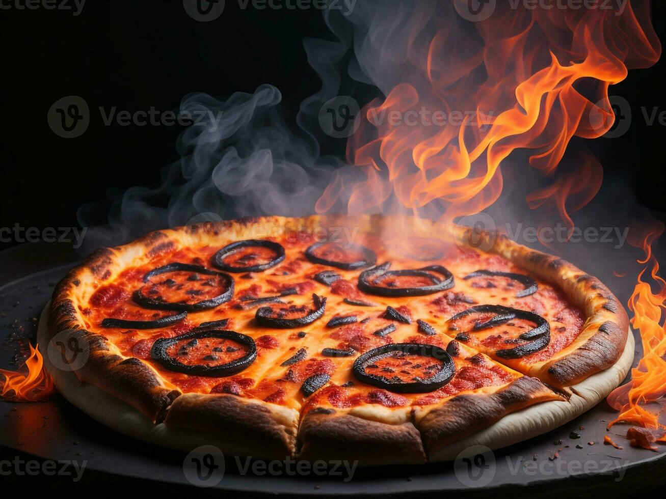 Pizza with sausage and mozzarella on a dark background., Ai Generative. photo