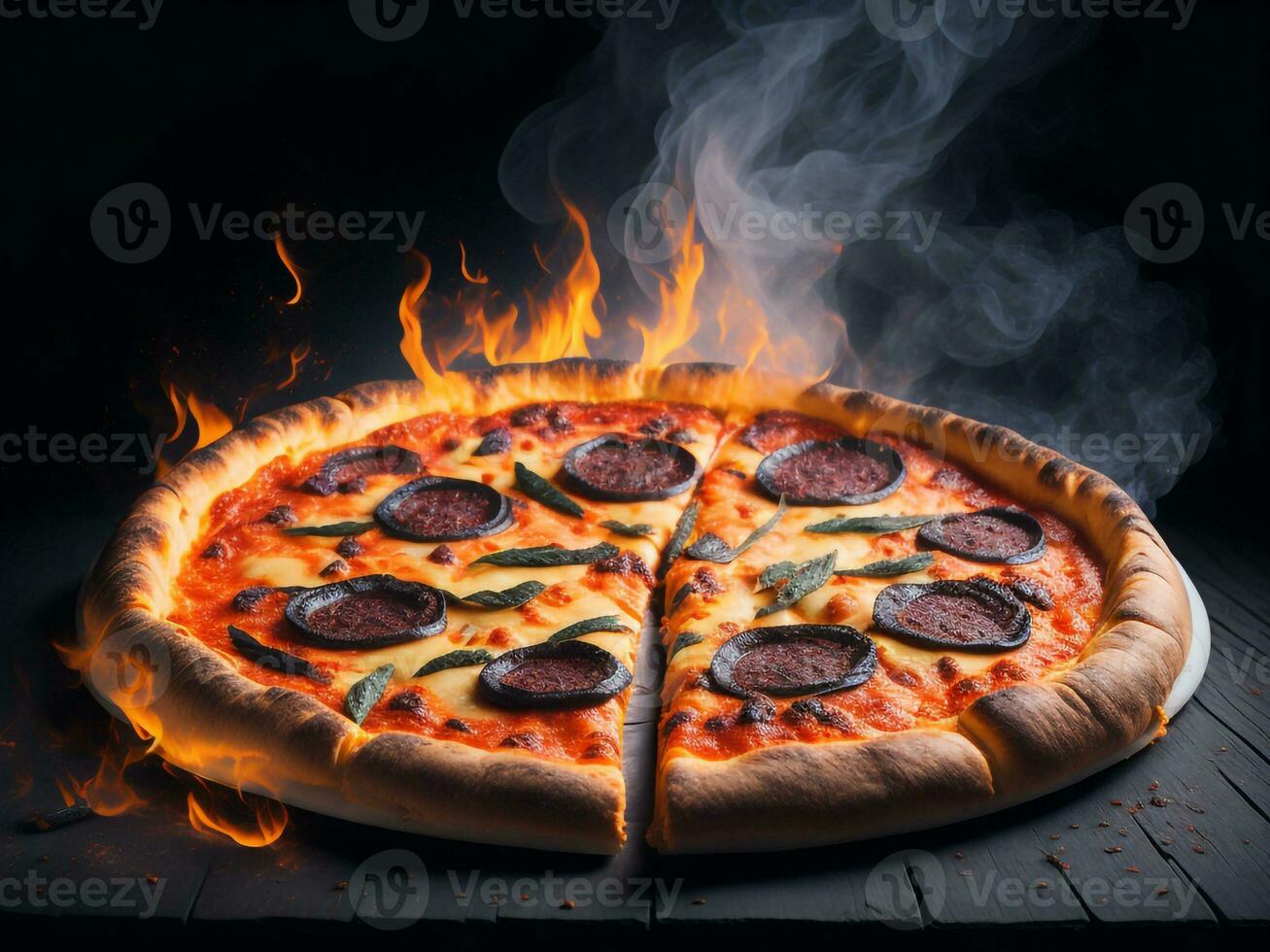 Pizza con salchicha y queso Mozzarella en un oscuro fondo., ai generativo. foto