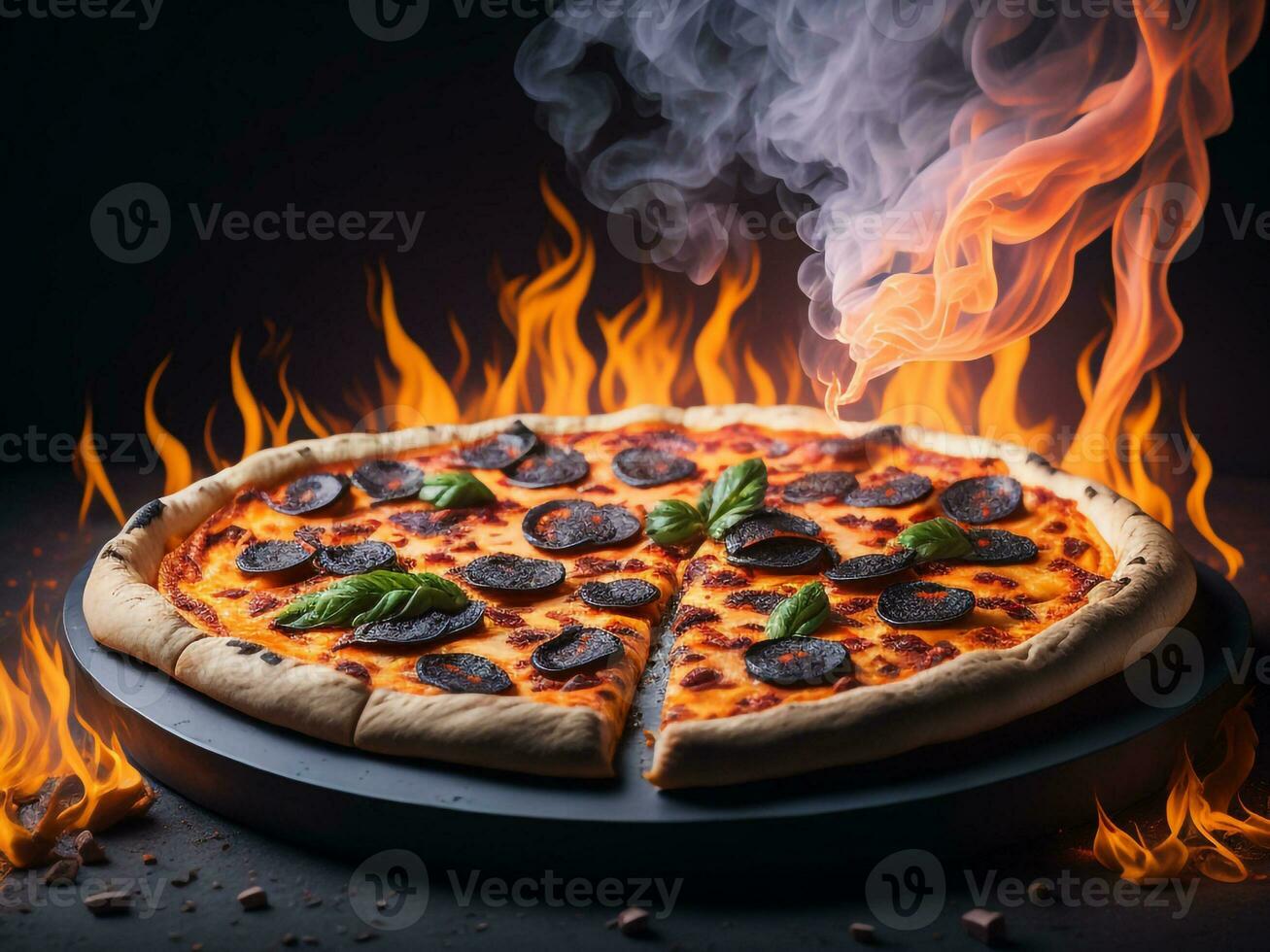 Pizza with sausage and mozzarella on a dark background., Ai Generative. photo