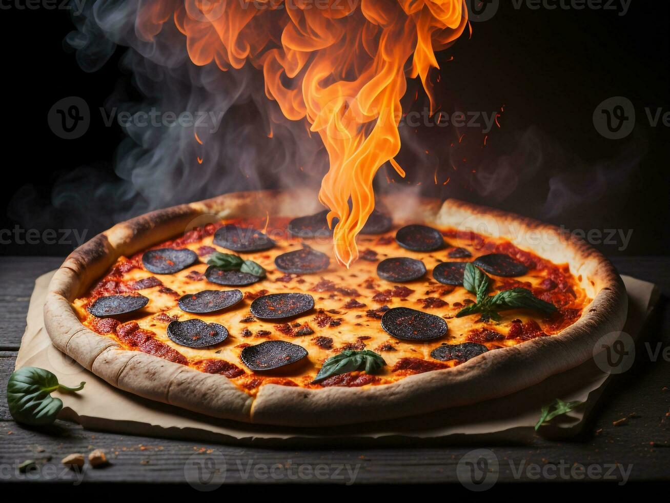 Pizza con salchicha y queso Mozzarella en un oscuro fondo., ai generativo. foto