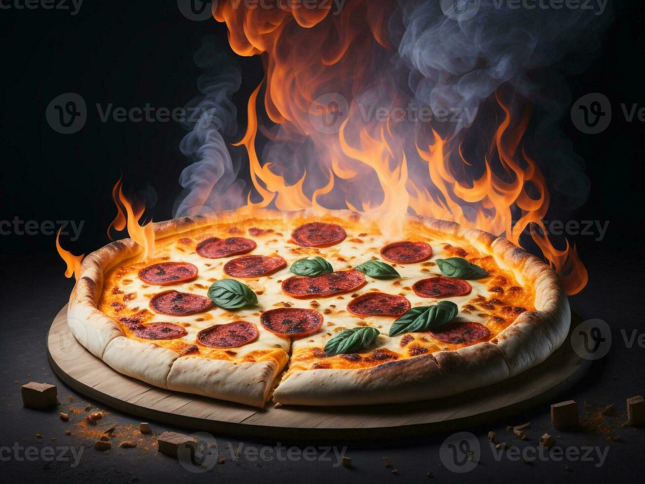 Pizza with sausage and mozzarella on a dark background., Ai Generative. photo