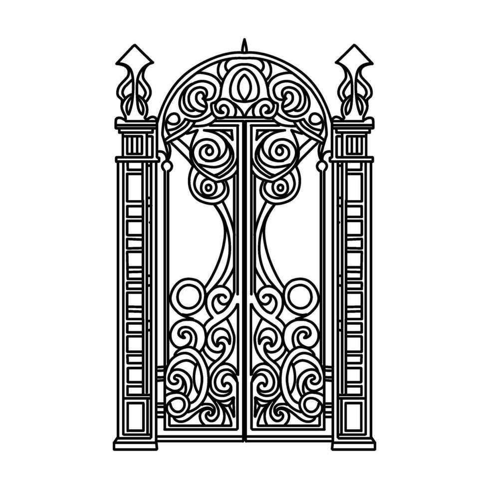 antiguo metal puerta. negro en blanco bosquejo de forjado hierro doble jardín puertas Iglesia portón con rollos y hojas. vector