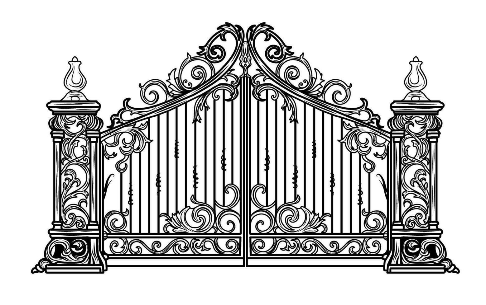 ANTIQUE METAL GATE. Black on white sketch of wrought iron bifold