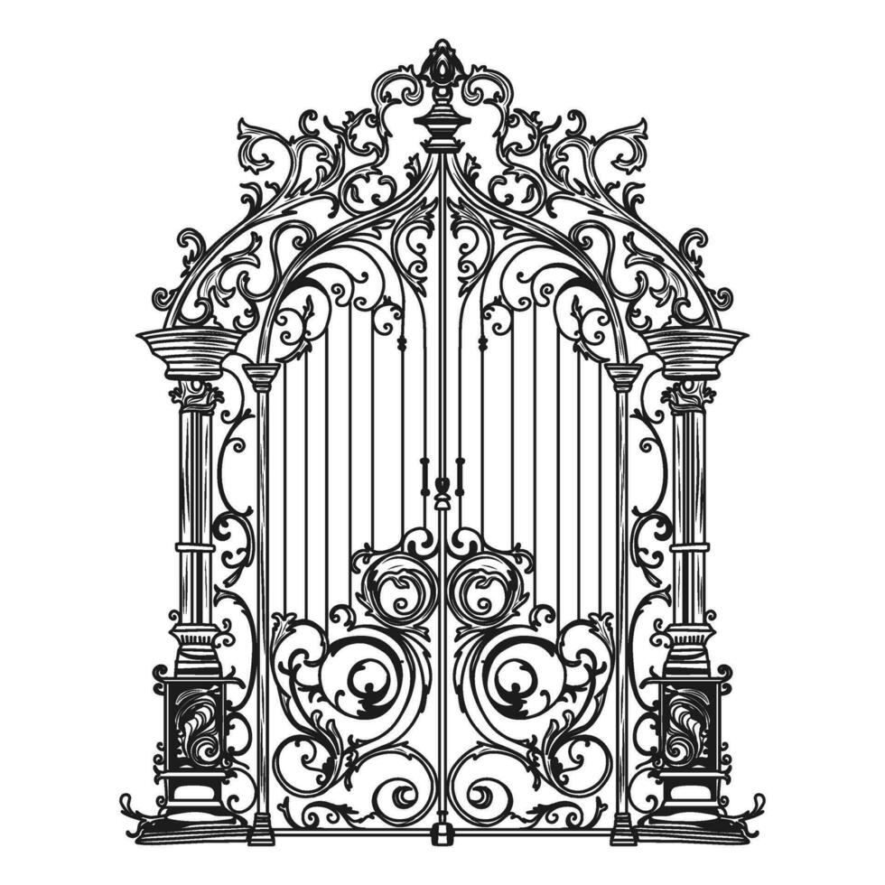 ANTIQUE METAL GATE. Black on white sketch of wrought iron bi-fold garden doors. Church gate with scrolls and leaves. vector