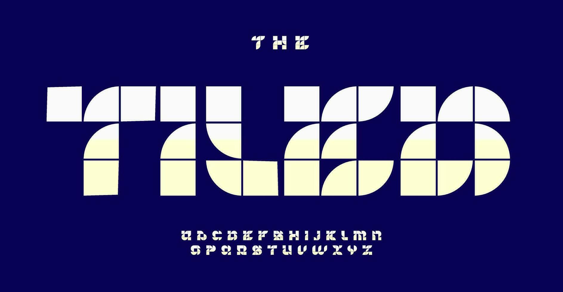Tile-inspired modern font in pixel style. Square geometric letters in retro-futuristic style. Perfect for logo, monogram and headline. Stylish modular typography. Vector typeset