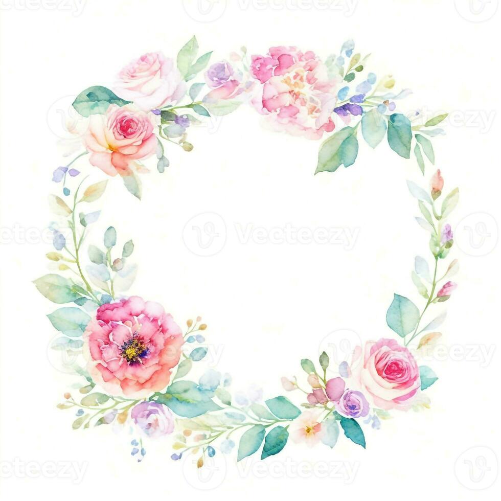 Watercolor floral frame. Illustration generative AI. photo