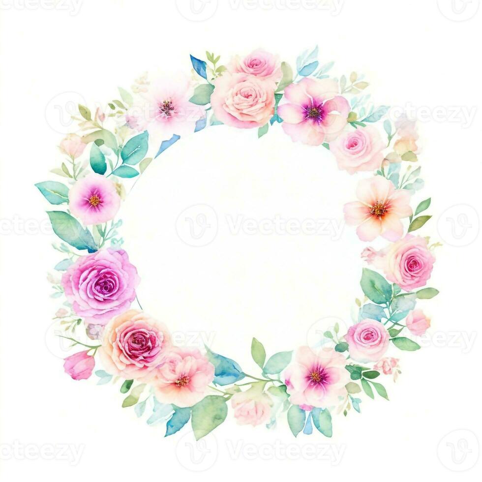 Watercolor floral frame. Illustration generative AI. photo