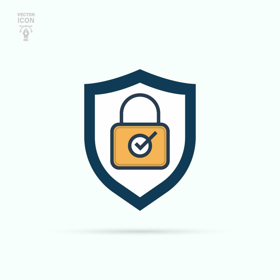 Shield with padlock and check mark. Security, encryption, data protection, privacy concept. Vector illustration