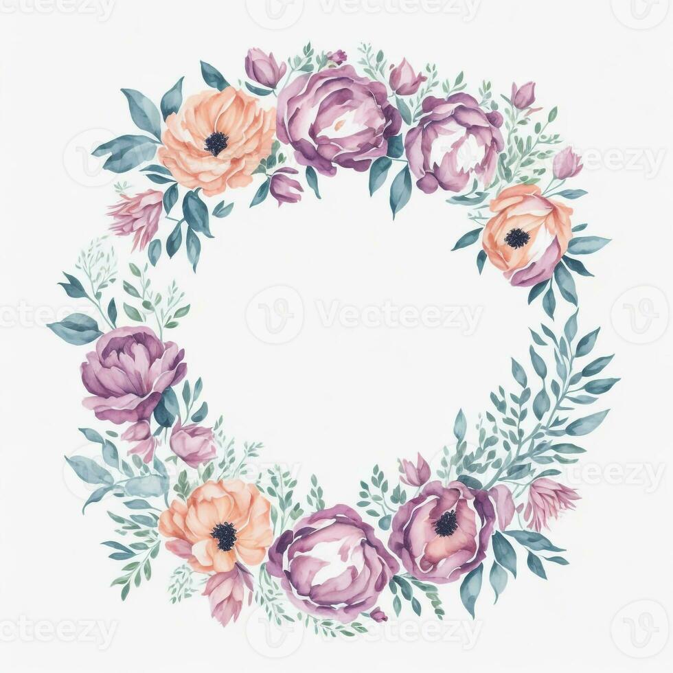 Watercolor floral frame. Illustration generative AI. photo