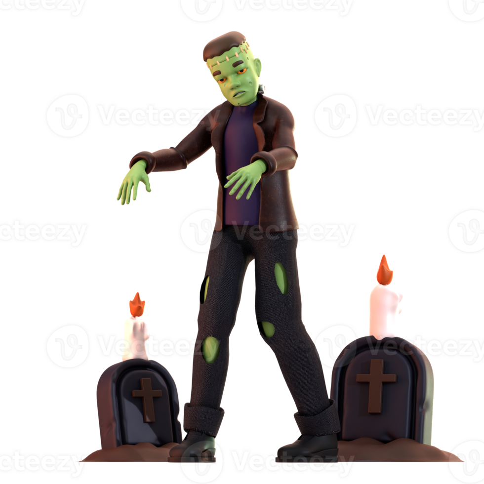 Frankenstein with tombstones and candles 3D Illustration png