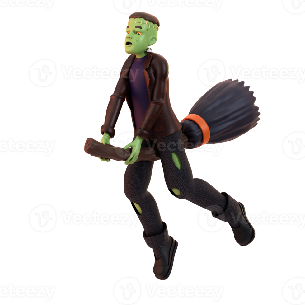 Frankenstein riding a witch's broom 3D Illustration png