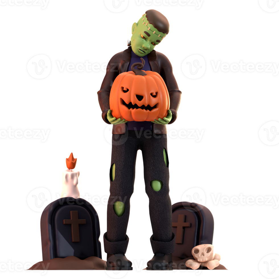 Frankenstein with tombstones and pumpkins 3D Illustration png