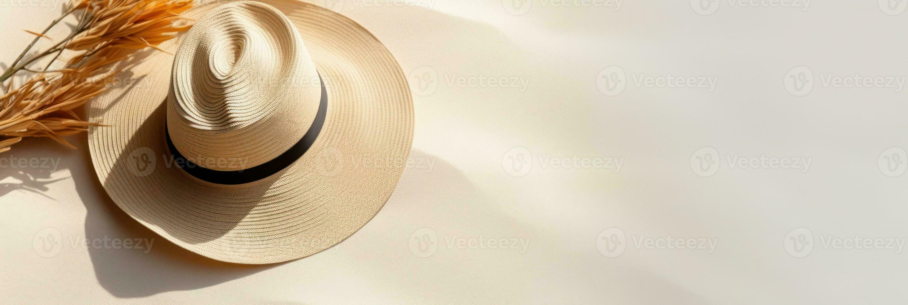 Summer background with straw hat and white sand with empty copy space photo