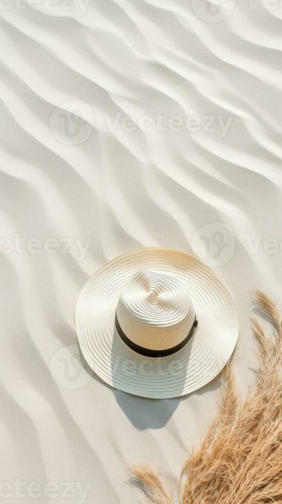 Summer background with straw hat and white sand with empty copy space photo