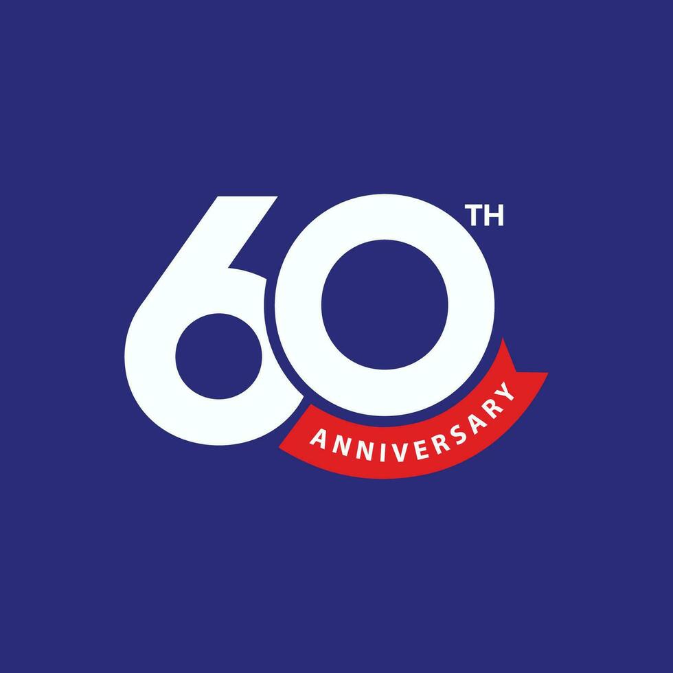 60th anniversary banner design with modern letter logo o number 60 and red ribbon on blue background. Company 60 years celebration badge design. Birthday wishing template, poster, greeting card. vector