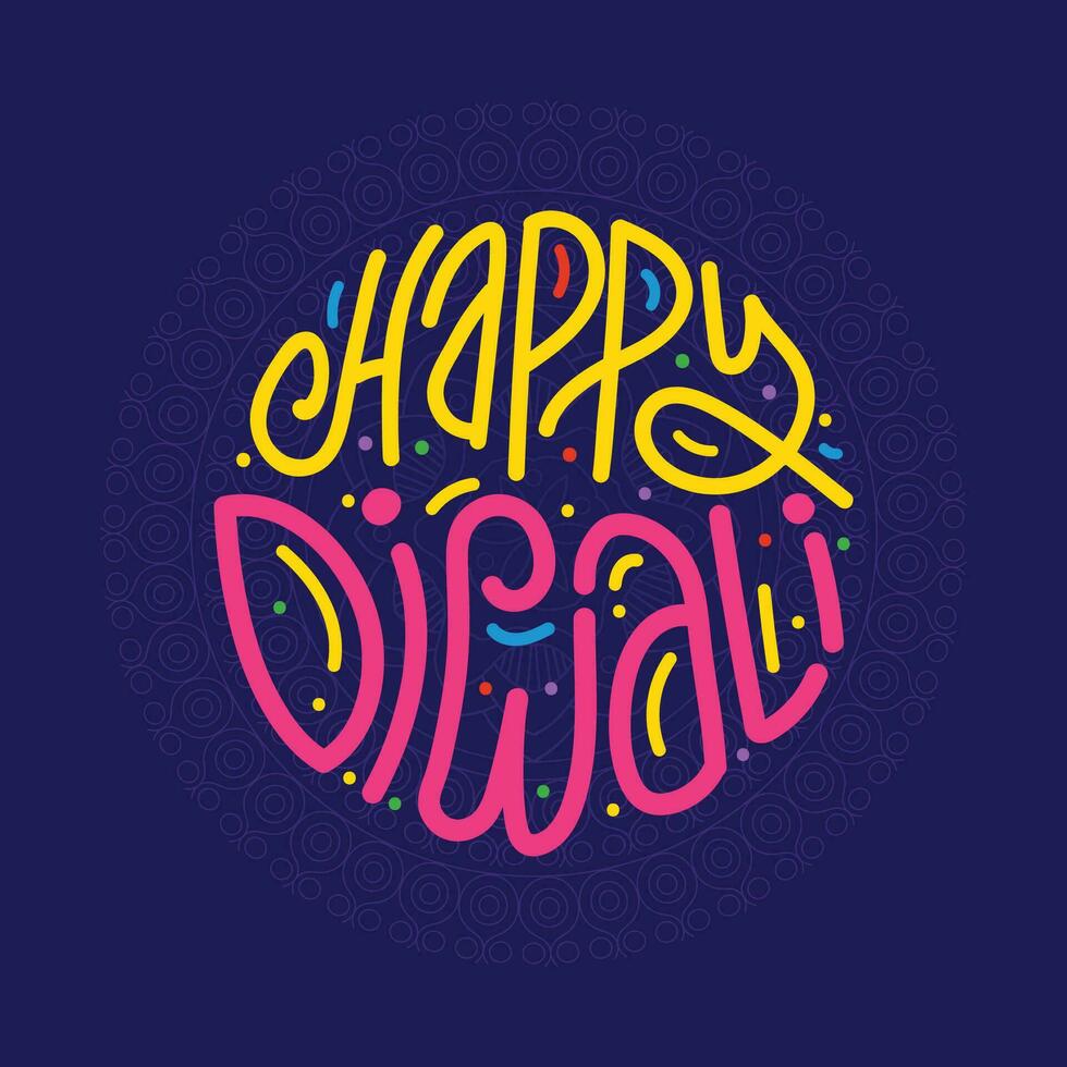 Happy Diwali colorful hand drawn typography vector template design. Diwali luxury greeting card illustration for indian light and color festival. Rangoli decoration with Diya or lamp.
