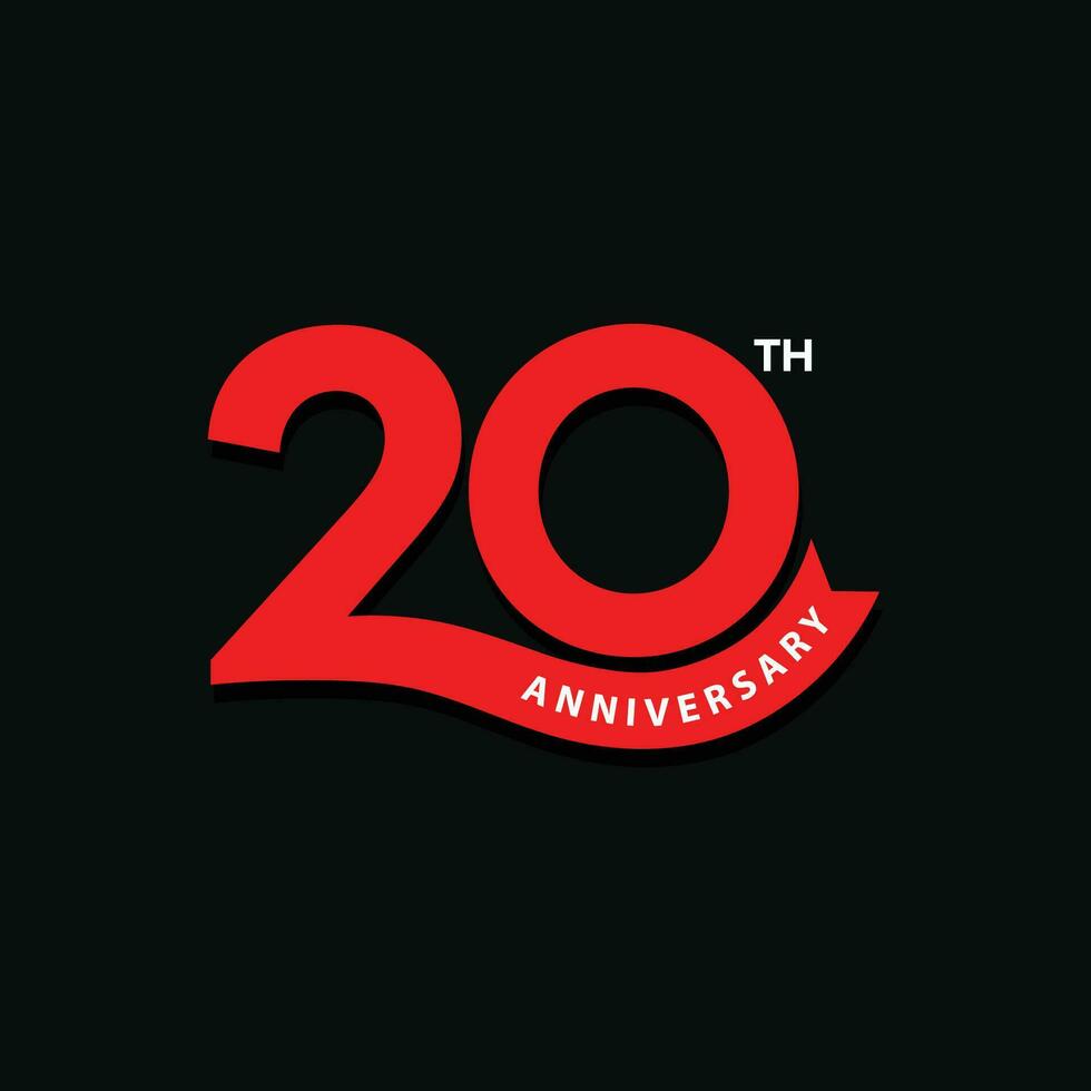 Red color 20th  anniversary logo design on black background. 20 years anniversary icon, stamp, label with ribbon. Birthday celebration greeting card sign and symbol of number 20. vector