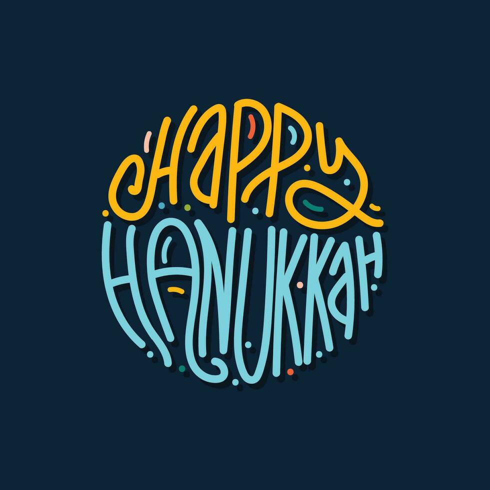 Happy Hanukkah vector hand drawn colorful lettering illustration. Typography design for celebrating traditional religious festival. Jewish holiday calligraphy design on dark background.