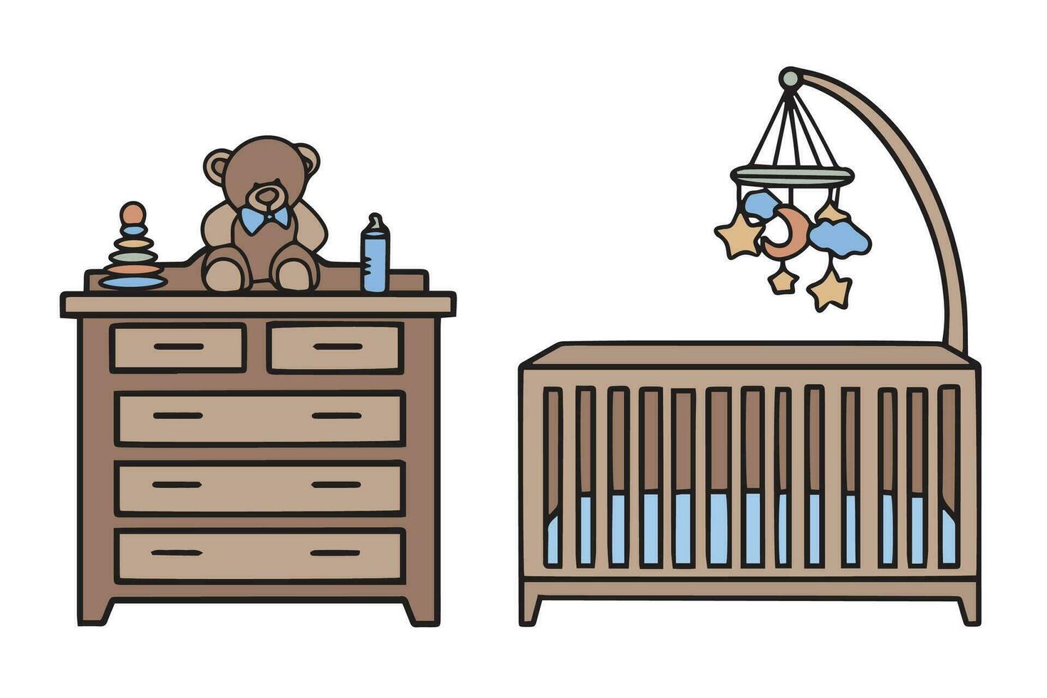 mueble para un para niños habitación. cuna, juguetes y cofre de cajones con juguetes garabatear ilustración. vector