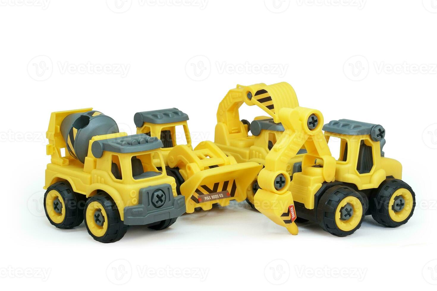 construction vehicles of concrete mixer, bulldozer, excavator truck and tractor drill isolated on white background. heavy construction vehicle. photo