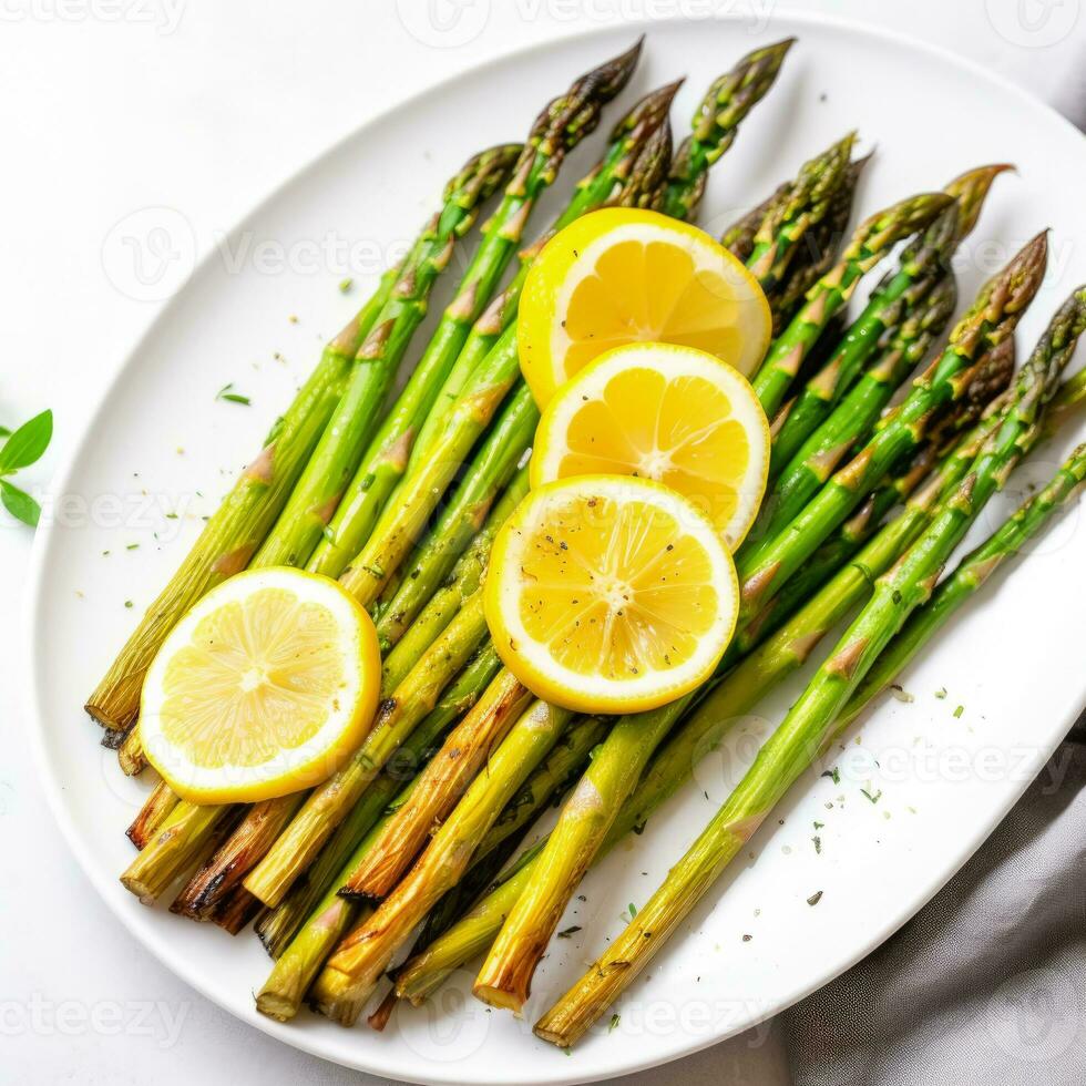 A la parrilla espárragos lanzas coronado con limón rebanadas presentado en un blanco superficie foto