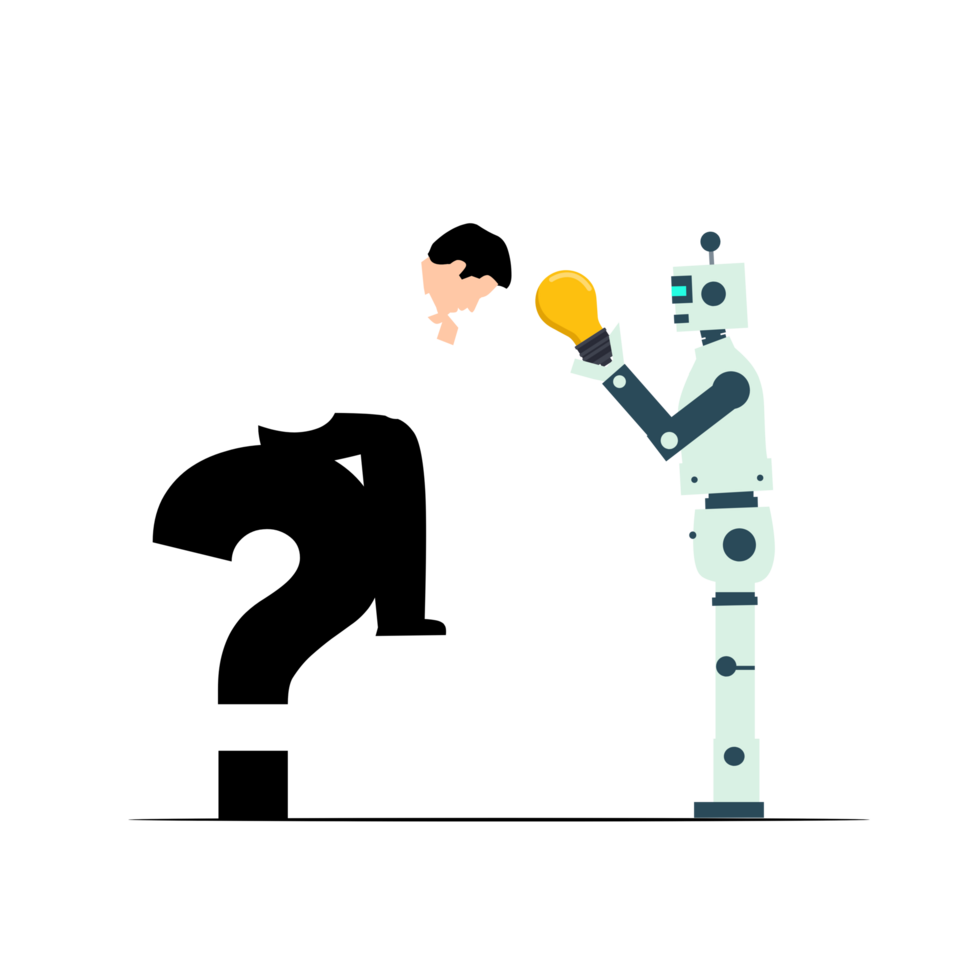 a robot is answer a question and a man is sitting on the other side png