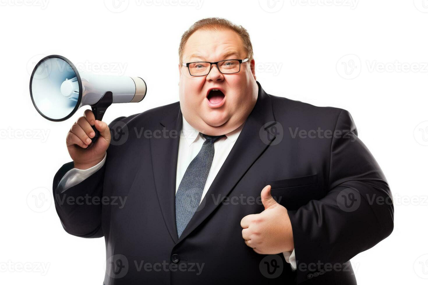 Confident fat manager with a loudspeaker isolated on a white background photo