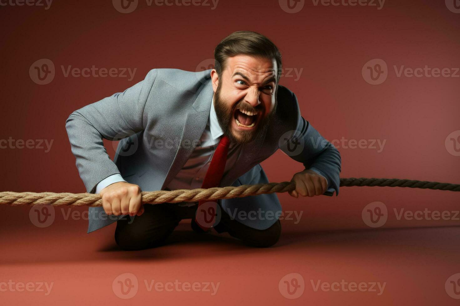 A round manager cheerfully participating in a tug of war isolated on a gradient background photo