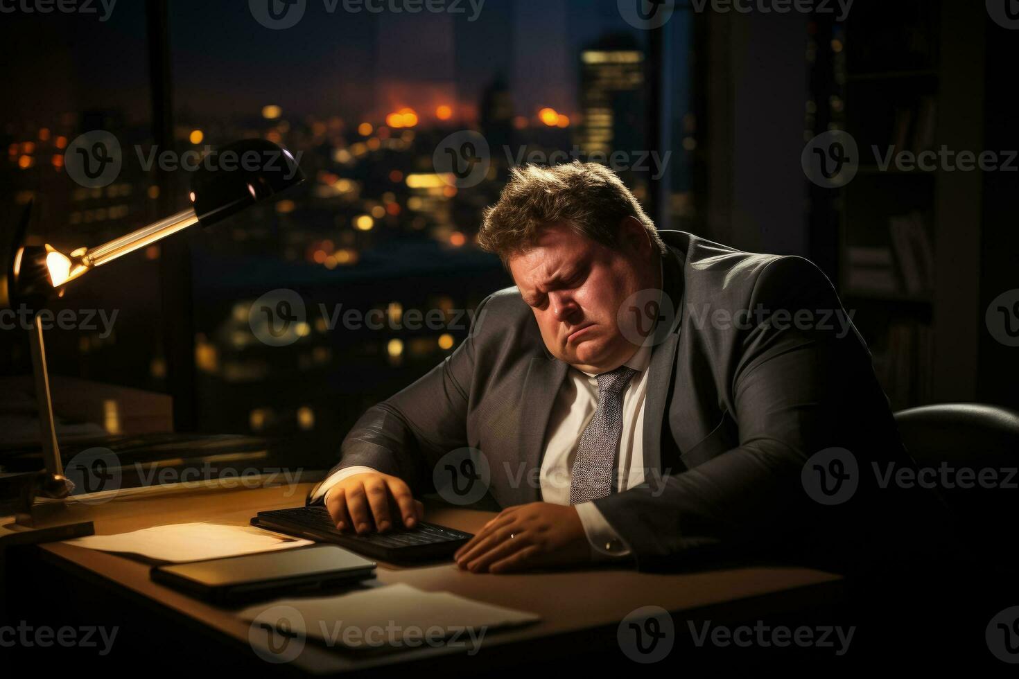 Exhausted overweight manager burning midnight oil in dim lit office photo