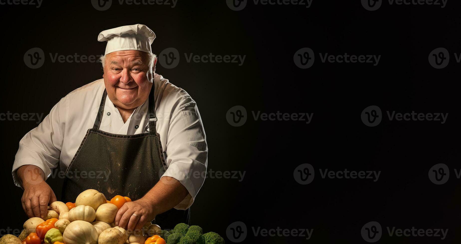 A tubby manager chopping fresh vegetables isolated on a gradient background photo