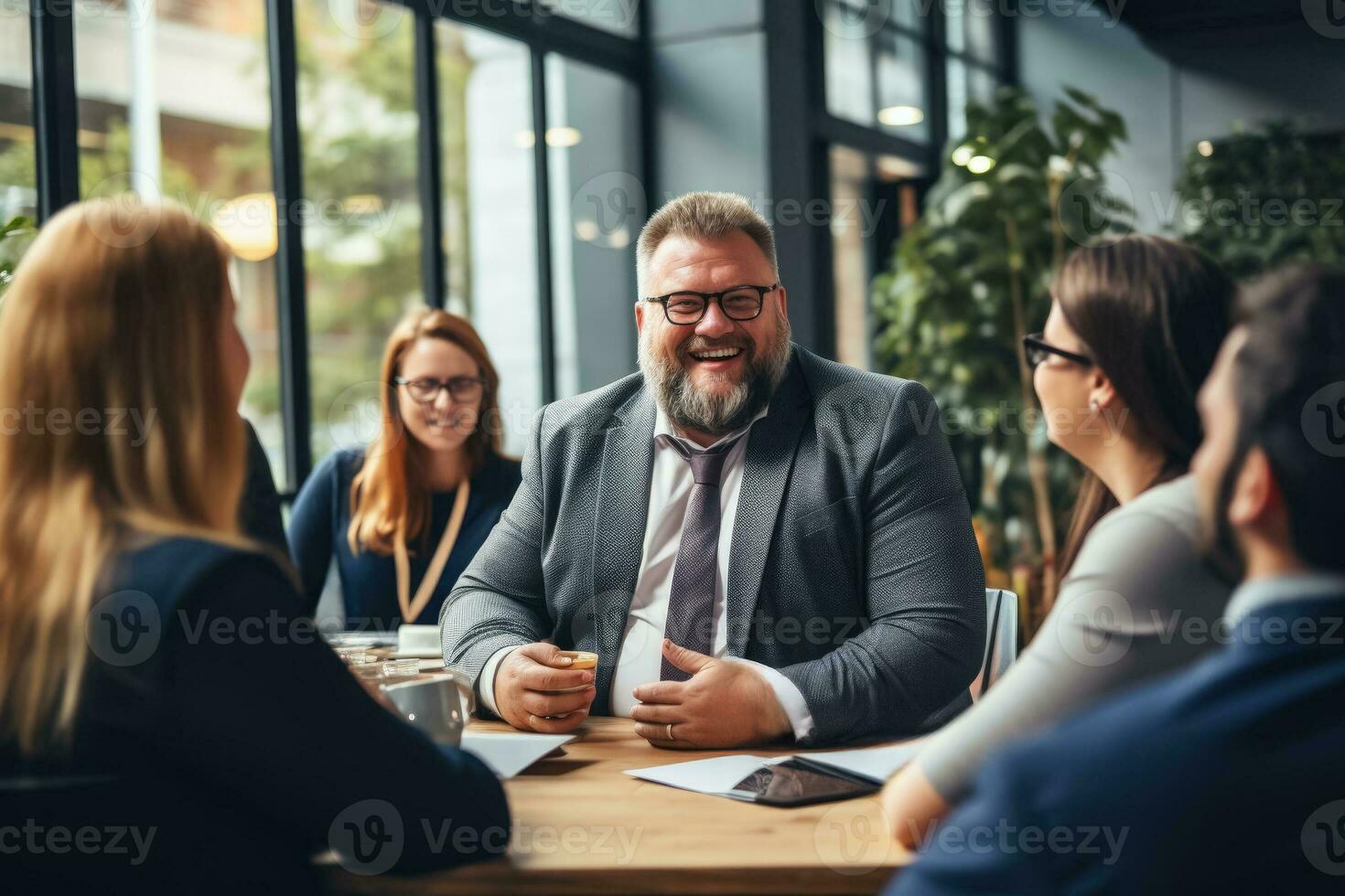 Cheerful fat manager initiating body positivity dialogue among colleagues photo