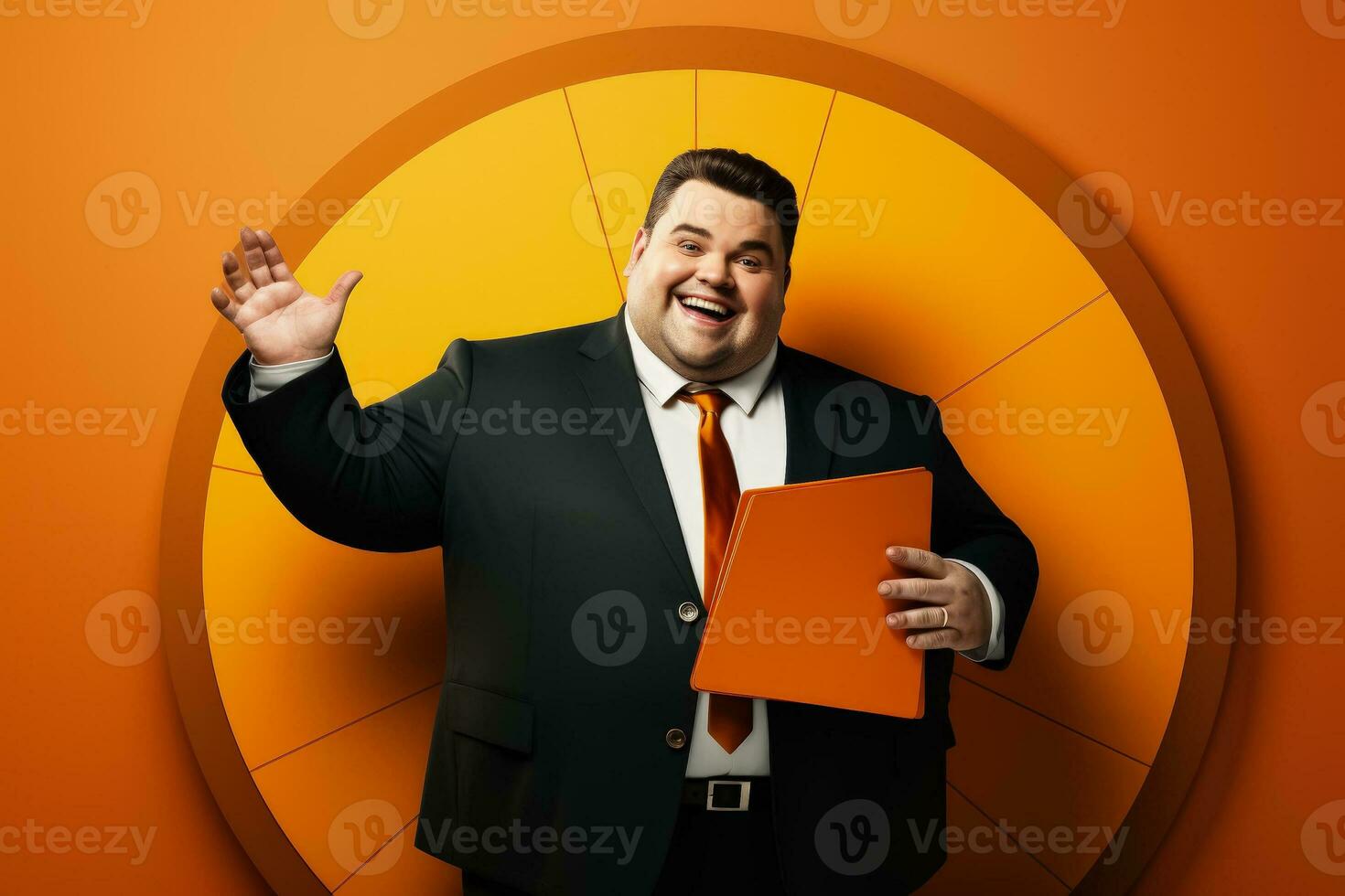 A rotund manager directing a meeting with vigor isolated on a gradient background photo