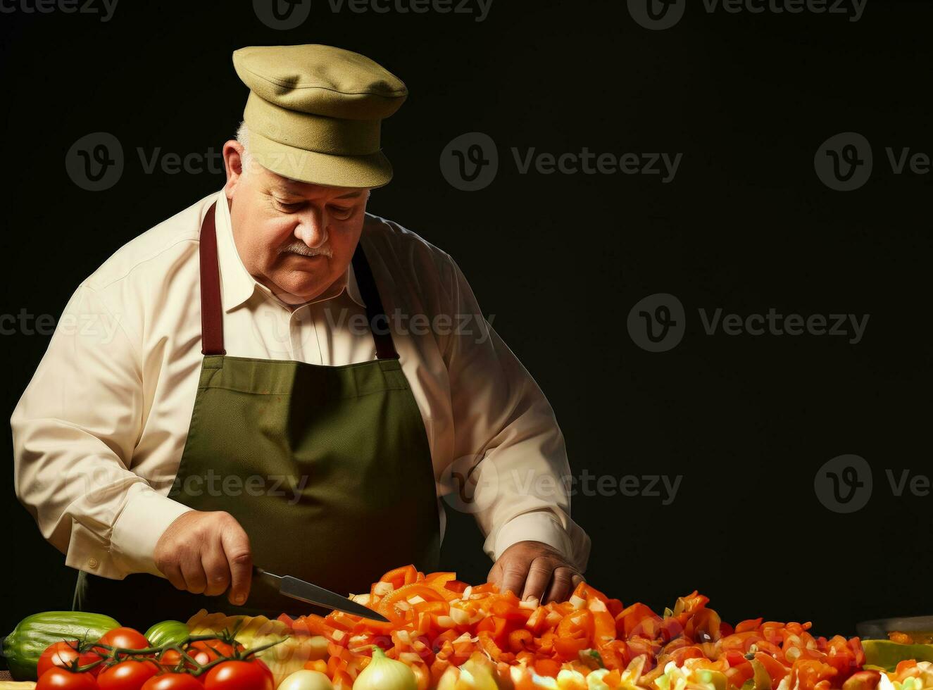 A tubby manager chopping fresh vegetables isolated on a gradient background photo