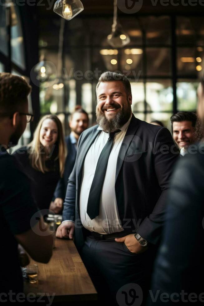 Cheerful fat manager initiating body positivity dialogue among colleagues photo