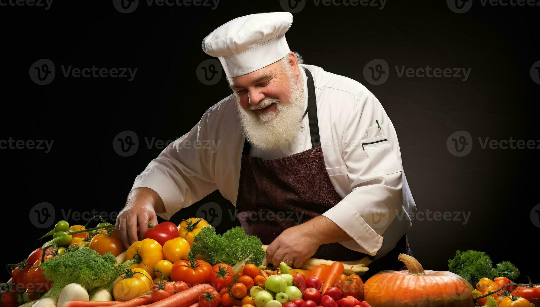A tubby manager chopping fresh vegetables isolated on a gradient background photo