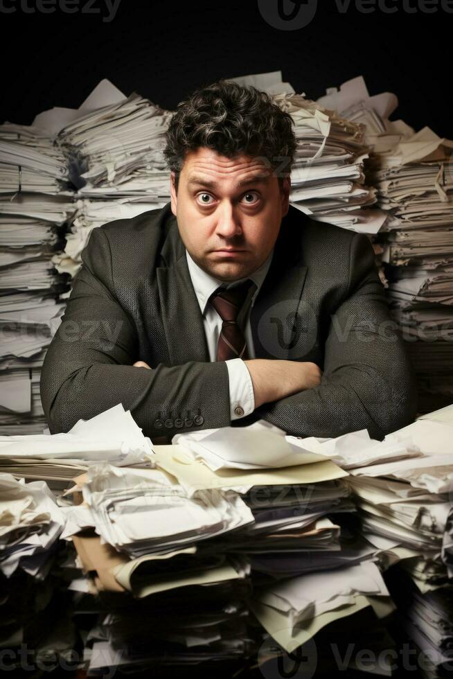 Tired fat manager with stacks of paperwork isolated on a white background photo