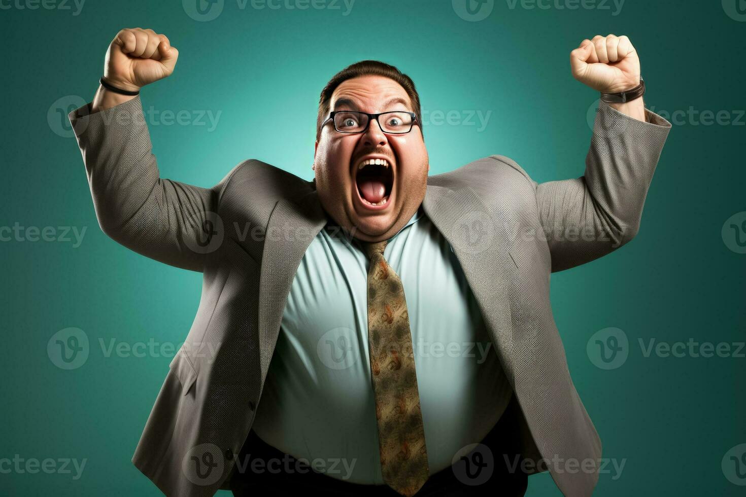 A chubby manager enthusiastically lifting weights isolated on a gradient background photo