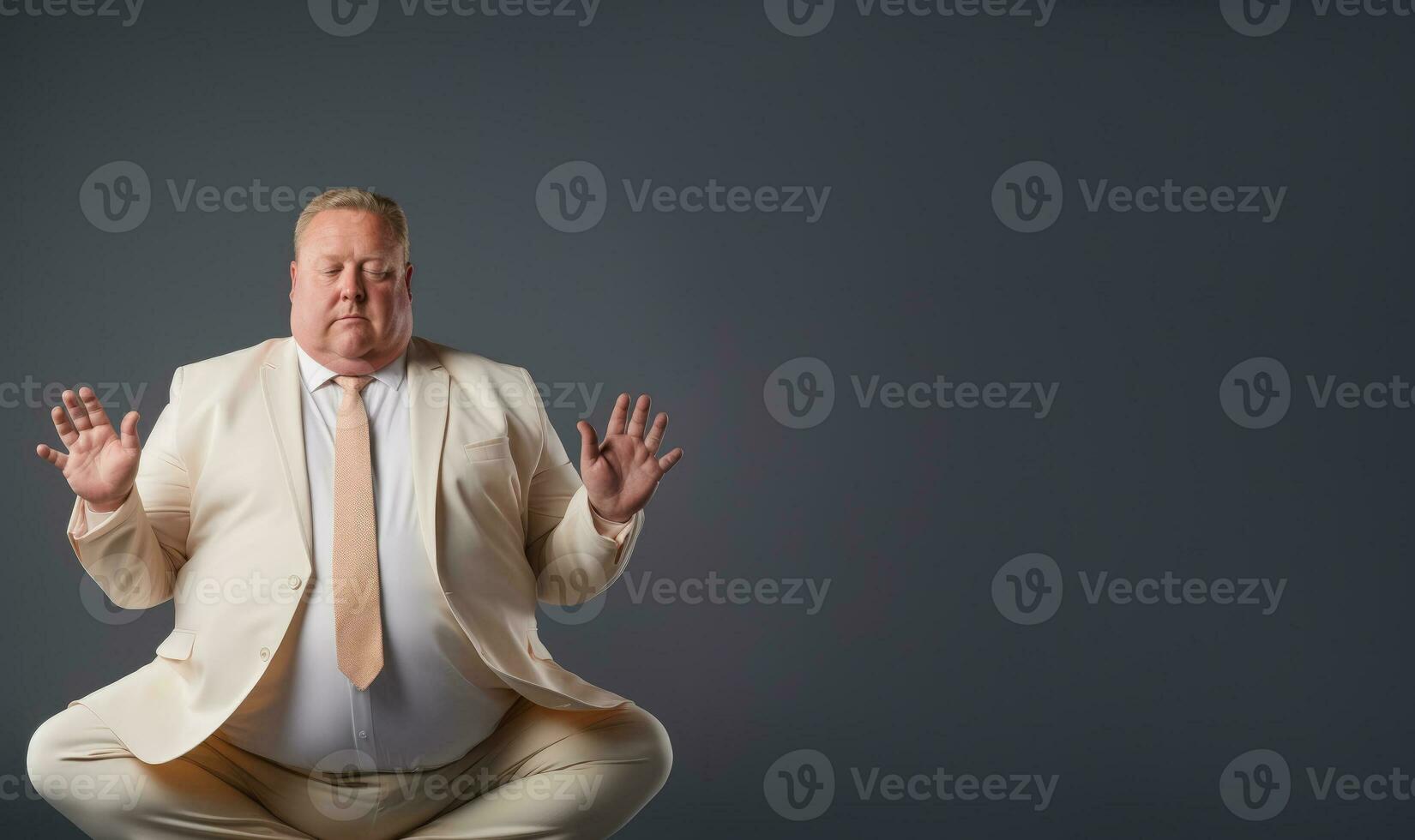 An overweight manager purposefully practicing yoga isolated on a gradient background photo