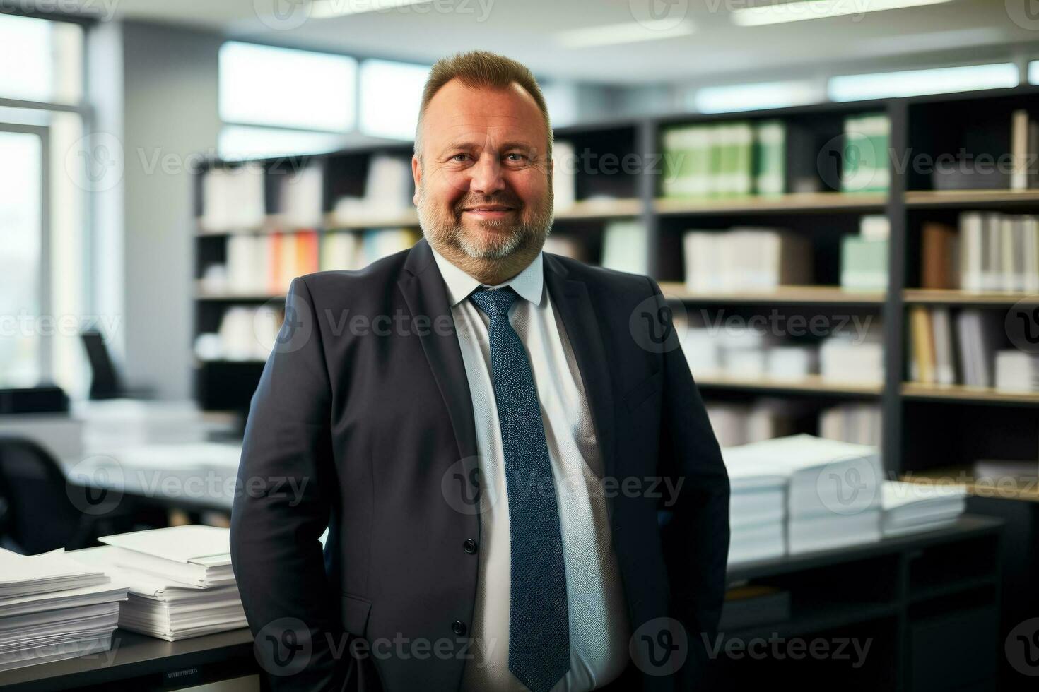 Fat manager smiling confidently at office background with empty space for text photo