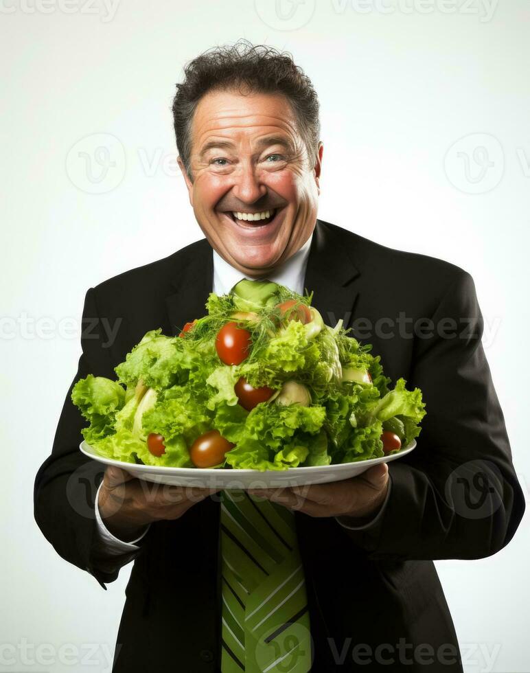 Cheerful fat manager holding a fresh salad isolated on a white background photo